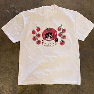 White Gildan Graphic Tee with Red Tomato Cat Design